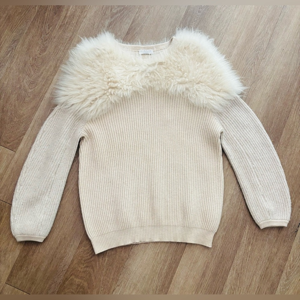 Brunello Cucinelli Cream Ribbed Wool Sweater with Fur Trim